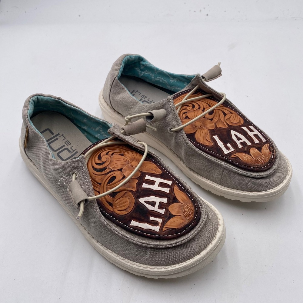 Hey Dude Wendy Chambray Loafers Womens 8 Beige Tooled Leather Floral LAH Western